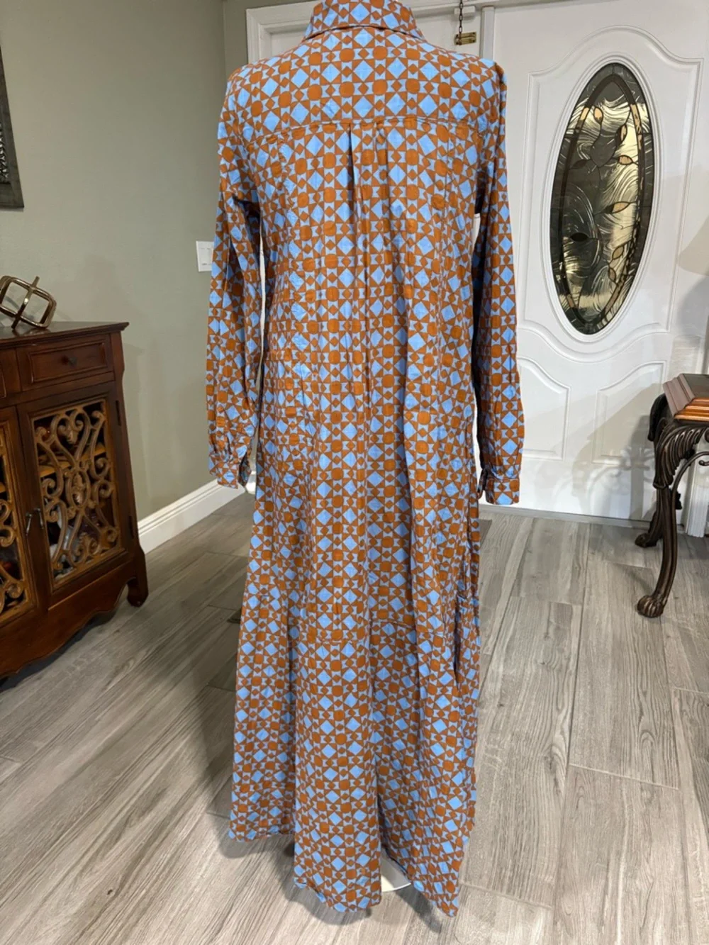 Free People Geometric Maxi Shirt Dress in Rust and Light Blue